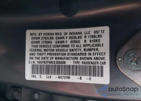 2012 Honda Civic Ex z USA, uszkodzony, nr VIN 19XFB2F86CE356008